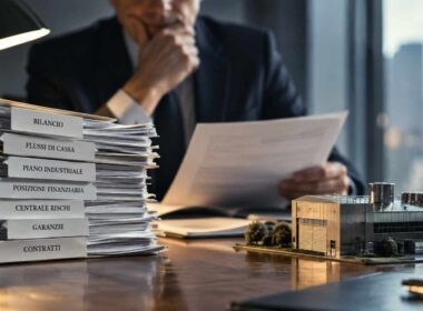 Fascicoli finanziari accanto al modello di una fabbrica durante la valutazione del merito creditizio di una PMI
