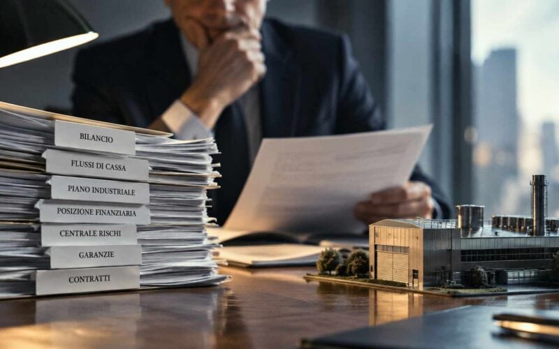 Fascicoli finanziari accanto al modello di una fabbrica durante la valutazione del merito creditizio di una PMI