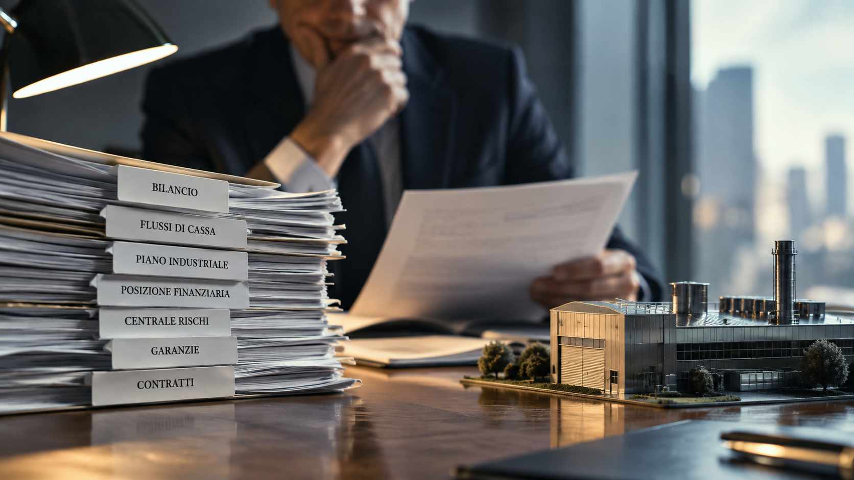 Bancabilità delle PMI: che cosa la vigilanza impone alla banca di guardare. Fascicoli finanziari accanto al modello di una fabbrica durante la valutazione del merito creditizio di una PMI
