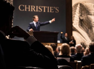 Un offerente in ombra osserva un banditore durante un’asta di Christie’s, con una grande figura egizia sullo sfondo.
