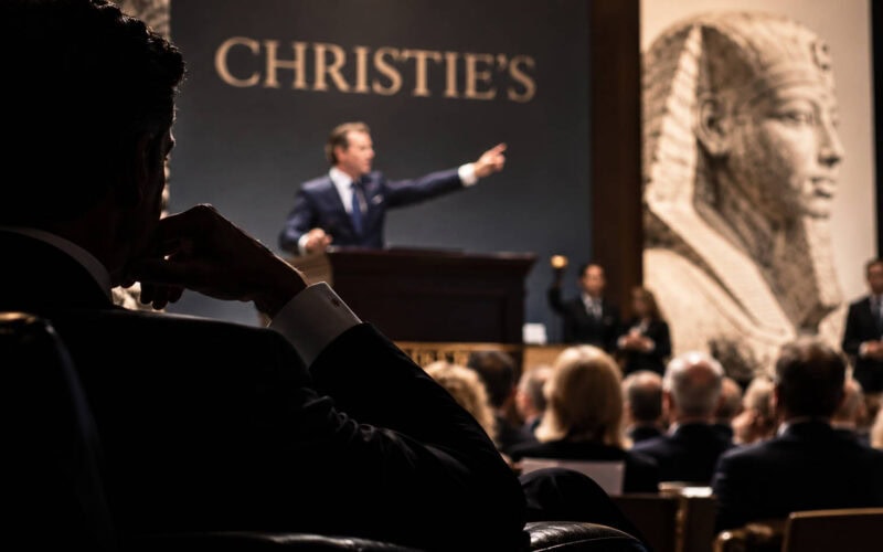 Un offerente in ombra osserva un banditore durante un’asta di Christie’s, con una grande figura egizia sullo sfondo.