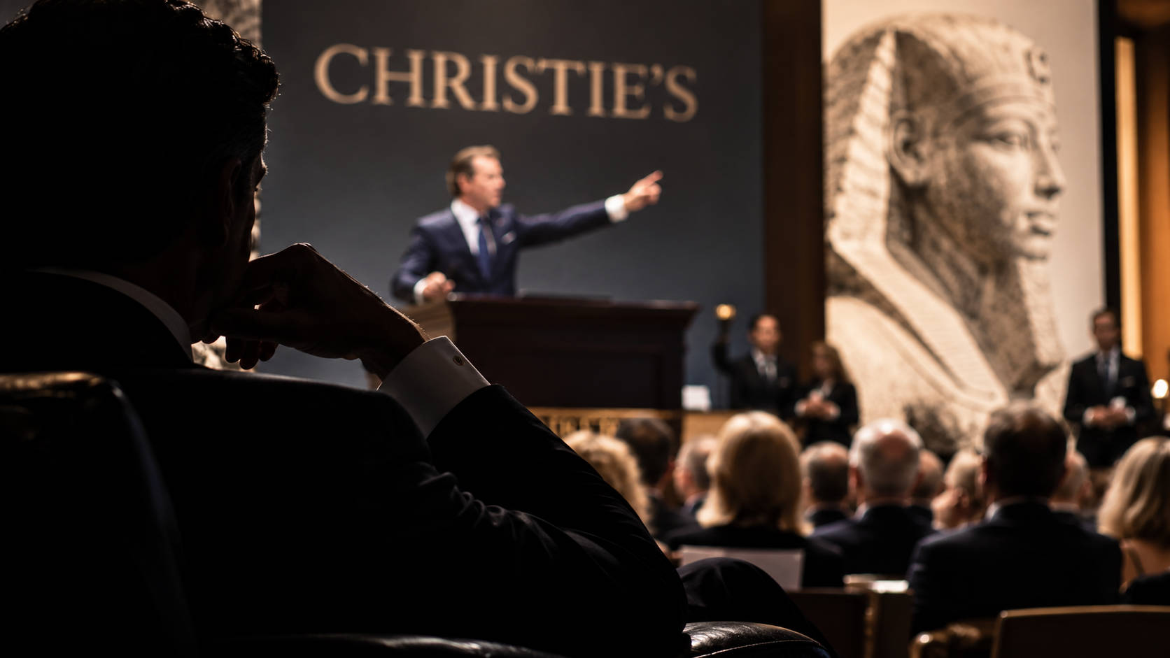 Un offerente in ombra osserva un banditore durante un’asta di Christie’s, con una grande figura egizia sullo sfondo.