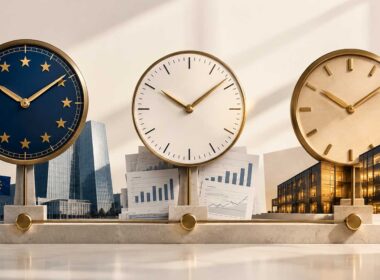 Tre orologi rappresentano BCE, statistiche bancarie e impresa su una linea temporale del credito.