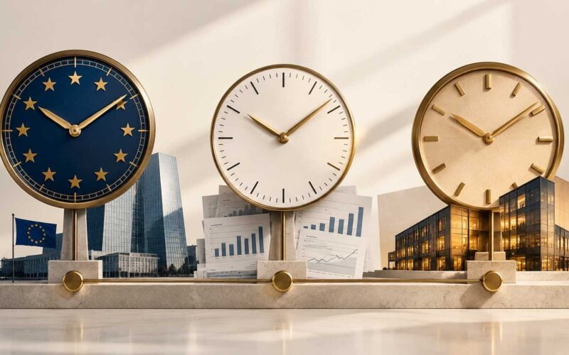 Tre orologi rappresentano BCE, statistiche bancarie e impresa su una linea temporale del credito.