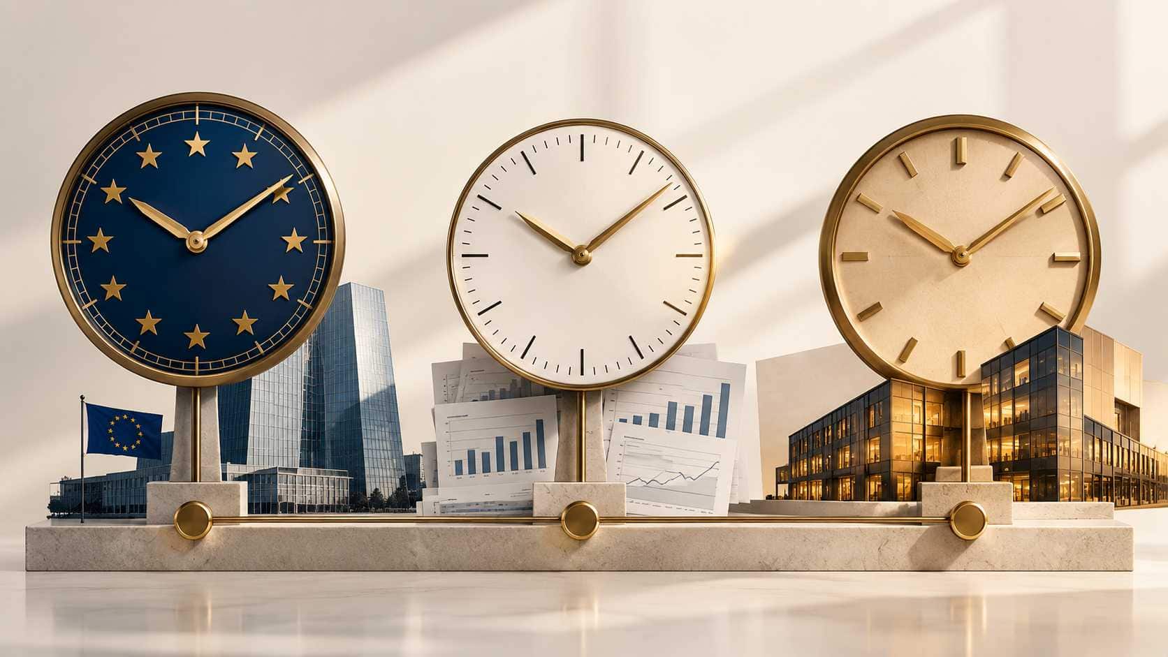 Tre orologi rappresentano BCE, statistiche bancarie e impresa su una linea temporale del credito.