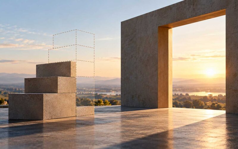 Concetto di capacità di indebitamento: blocchi di pietra sovrapposti, volumi tratteggiati e un’apertura architettonica verso il paesaggio al tramonto.