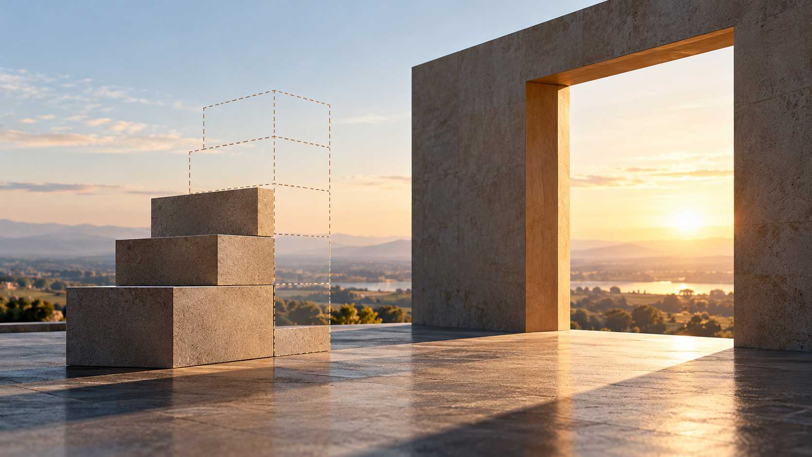 Concetto di capacità di indebitamento: blocchi di pietra sovrapposti, volumi tratteggiati e un’apertura architettonica verso il paesaggio al tramonto.