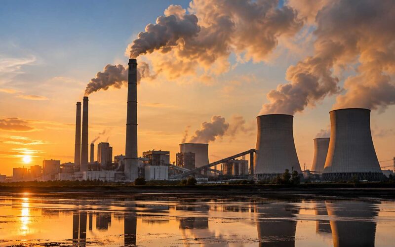 Ciminiere e torri di raffreddamento di una centrale industriale emettono vapori al tramonto.