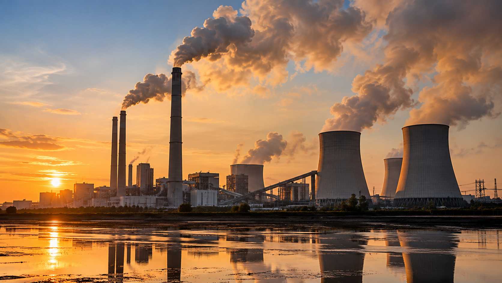 Quanto costa emettere CO₂: cosa cambia per le imprese con la riforma dell’EU ETS. Ciminiere e torri di raffreddamento di una centrale industriale emettono vapori al tramonto.