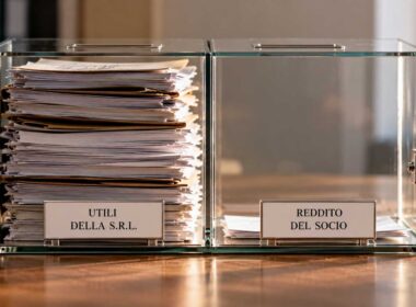 Due contenitori separano gli utili della S.r.l. dal reddito del socio, rappresentati da fascicoli di diversa consistenza.