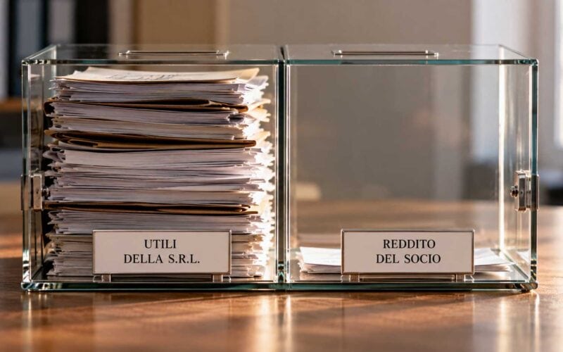 Verificare la posizione INPS dei soci di S.r.l.: perché oggi è decisivo farlo?. Due contenitori separano gli utili della S.r.l. dal reddito del socio, rappresentati da fascicoli di diversa consistenza.