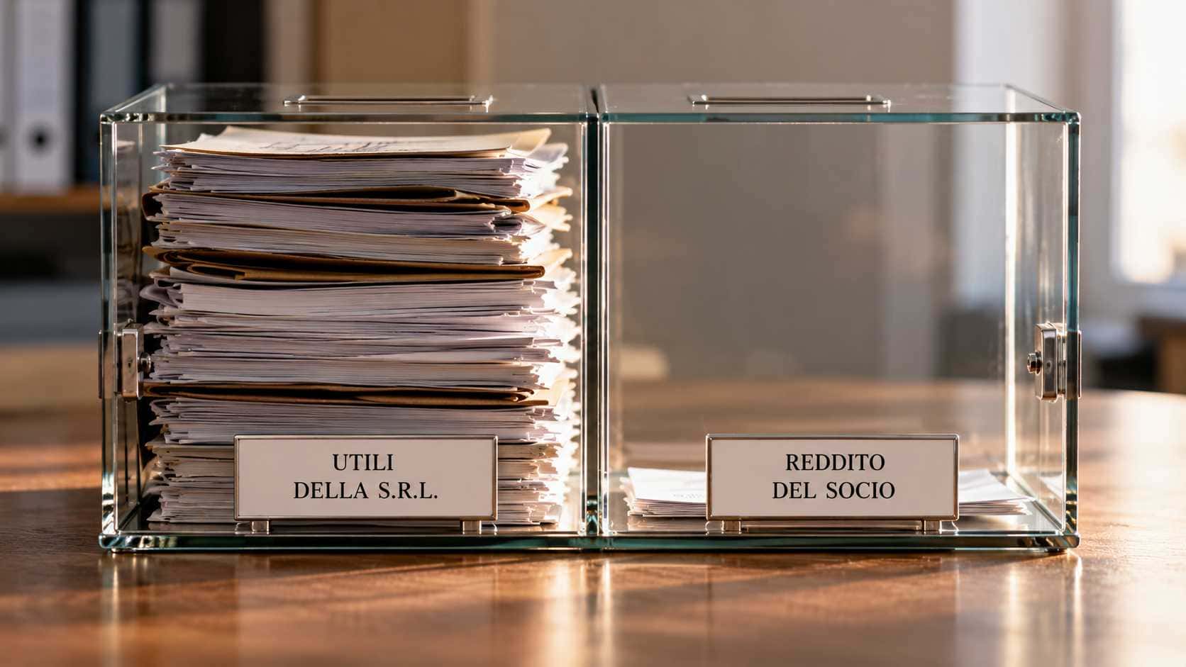 Verificare la posizione INPS dei soci di S.r.l.: perché oggi è decisivo farlo?. Due contenitori separano gli utili della S.r.l. dal reddito del socio, rappresentati da fascicoli di diversa consistenza.