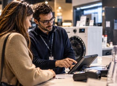 Il credito ha lasciato lo sportello, la vigilanza lo sta seguendo. Cliente e addetto in un punto vendita di elettrodomestici consultano su tablet una soluzione di credito al consumo.