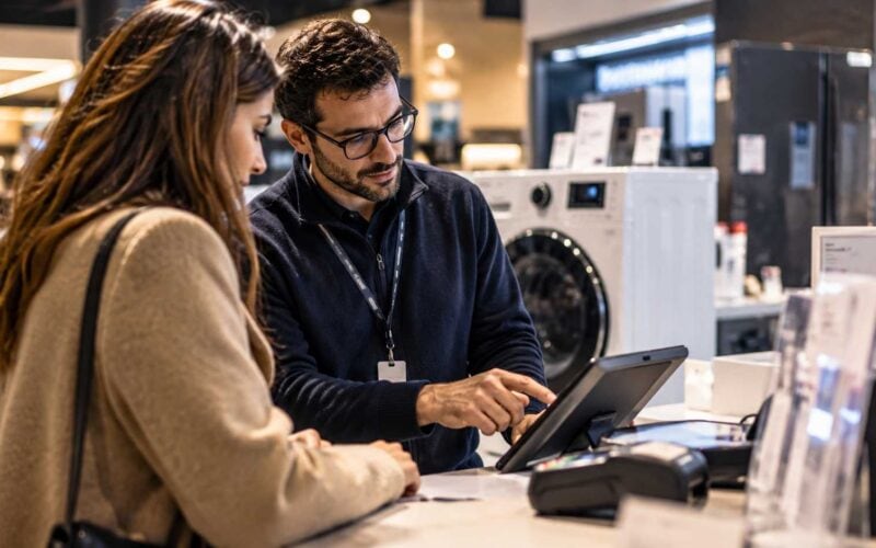 Cliente e addetto in un punto vendita di elettrodomestici consultano su tablet una soluzione di credito al consumo.