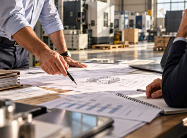 Due professionisti esaminano planimetrie e documenti tecnici su un tavolo all’interno di uno stabilimento produttivo