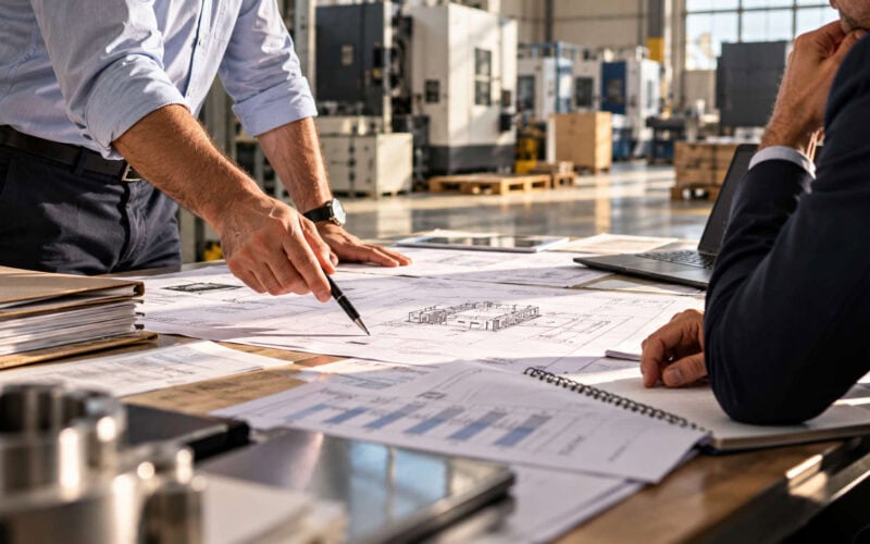 «Mi servono 500 mila euro»: perché questa non è ancora una richiesta finanziaria. Due professionisti esaminano planimetrie e documenti tecnici su un tavolo all’interno di uno stabilimento produttivo