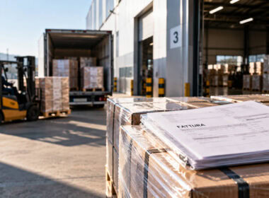 Pallet di merci imballate e documenti di fatturazione davanti a un magazzino durante il carico di un camion