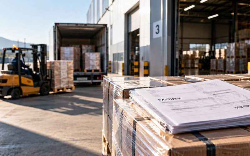 Pallet di merci imballate e documenti di fatturazione davanti a un magazzino durante il carico di un camion