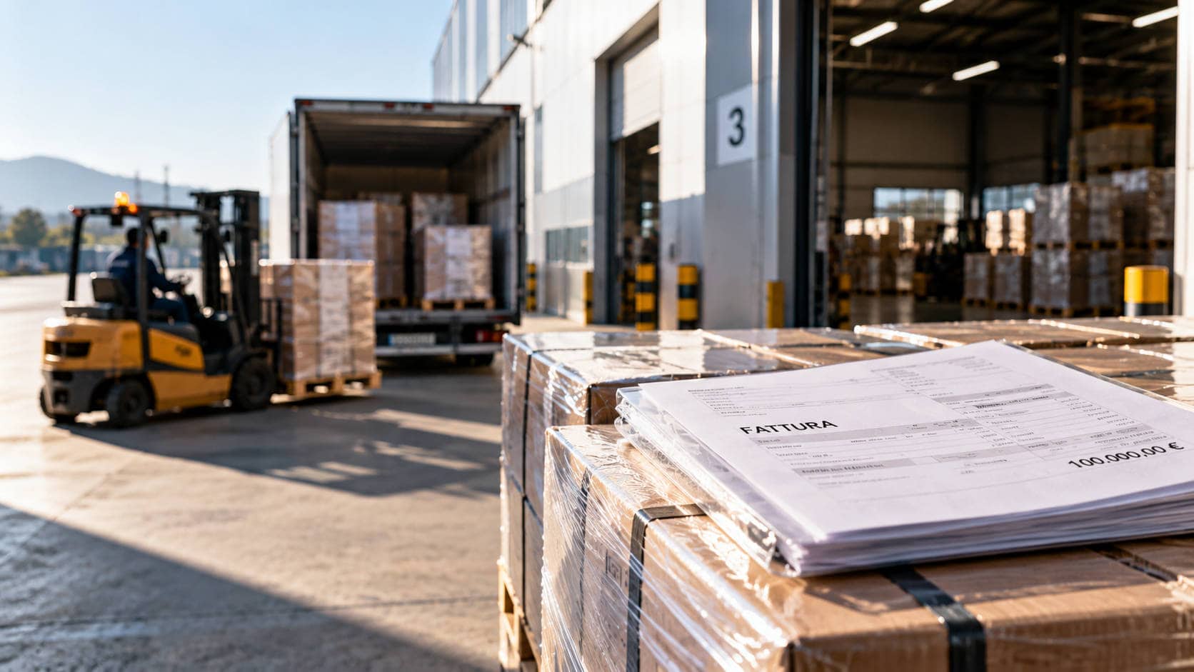 Pallet di merci imballate e documenti di fatturazione davanti a un magazzino durante il carico di un camion