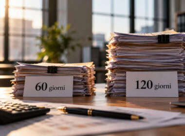 Due pile di fatture su una scrivania, contrassegnate «60 giorni» e «120 giorni», con la seconda più alta.