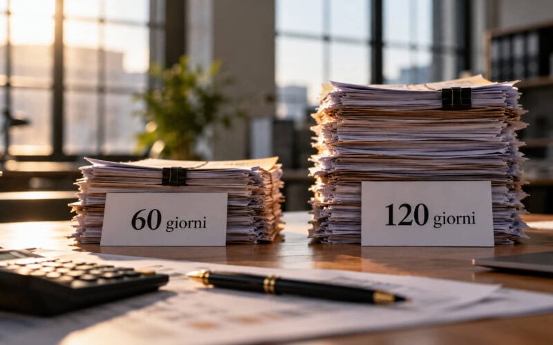 Due pile di fatture su una scrivania, contrassegnate «60 giorni» e «120 giorni», con la seconda più alta.