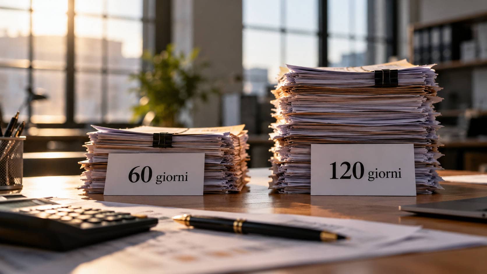 Due pile di fatture su una scrivania, contrassegnate «60 giorni» e «120 giorni», con la seconda più alta.