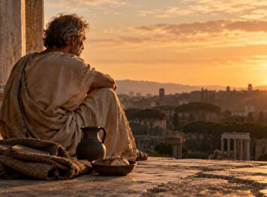 Uomo anziano in tunica grezza seduto su una terrazza di pietra, accanto a pane e brocca, davanti a una città antica.