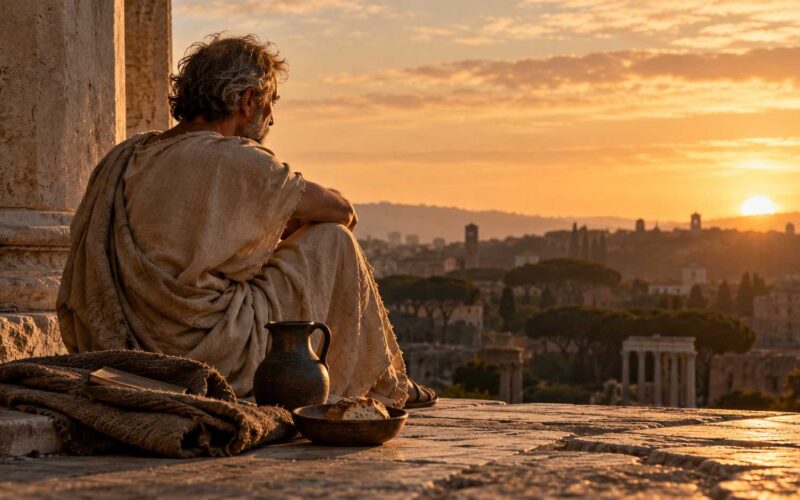 Seneca e la ricchezza: perché imparare a vivere con poco rende più liberi. Uomo anziano in tunica grezza seduto su una terrazza di pietra, accanto a pane e brocca, davanti a una città antica.