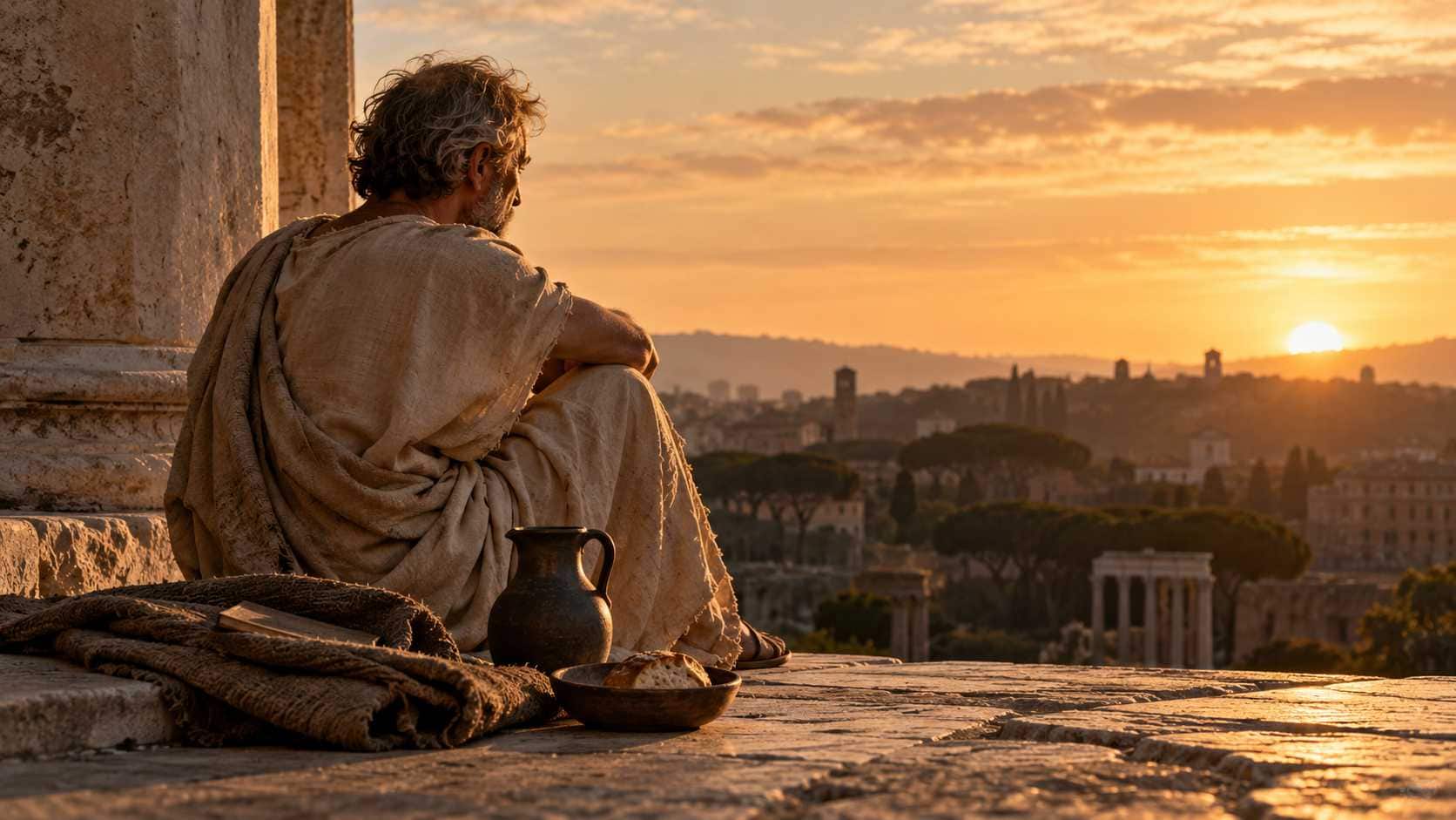Seneca e la ricchezza: perché imparare a vivere con poco rende più liberi. Uomo anziano in tunica grezza seduto su una terrazza di pietra, accanto a pane e brocca, davanti a una città antica.