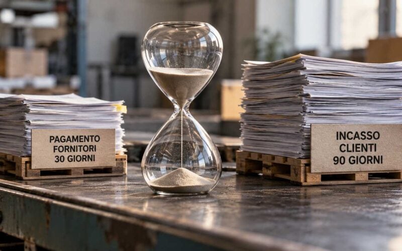 Clessidra tra documenti con pagamento fornitori a 30 giorni e incasso clienti a 90 giorni
