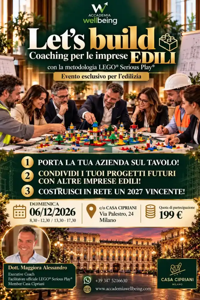 Locandina di Let’s Build: imprenditori edili attorno a un tavolo con costruzioni LEGO, data e sede dell’evento a Milano.