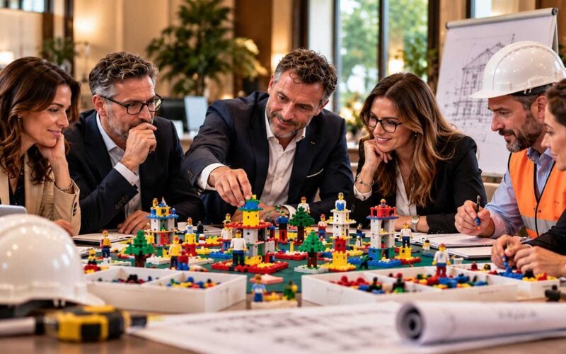 Organizzazione aziendale imprese edili: professionisti discutono attorno a costruzioni LEGO durante un laboratorio.