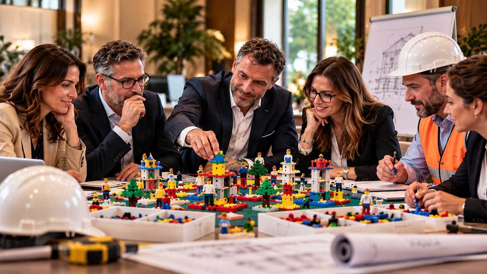Organizzazione aziendale imprese edili: professionisti discutono attorno a costruzioni LEGO durante un laboratorio.