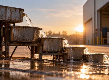 Overtrading: quanta crescita può finanziare il ciclo di un'impresa. Vasche metalliche a cascata con acqua in movimento davanti a un magazzino industriale al tramonto