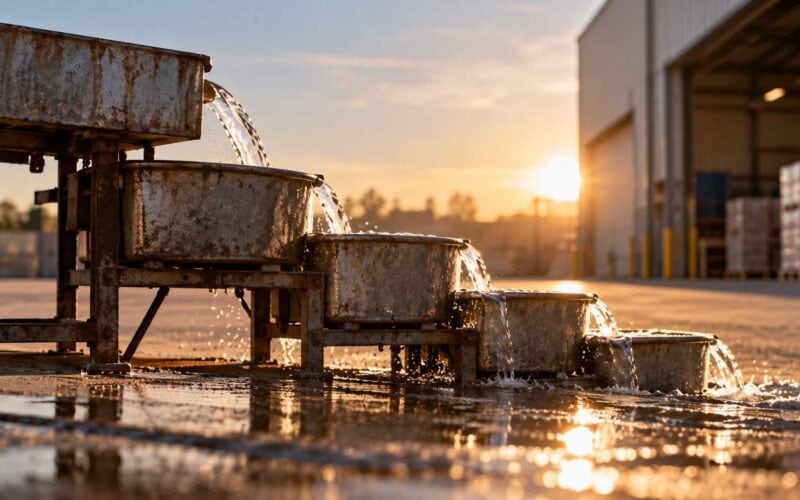Overtrading: quanta crescita può finanziare il ciclo di un'impresa. Vasche metalliche a cascata con acqua in movimento davanti a un magazzino industriale al tramonto