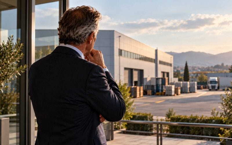 Pensione imprenditore: titolare anziano osserva il capannone della propria azienda dall’esterno.