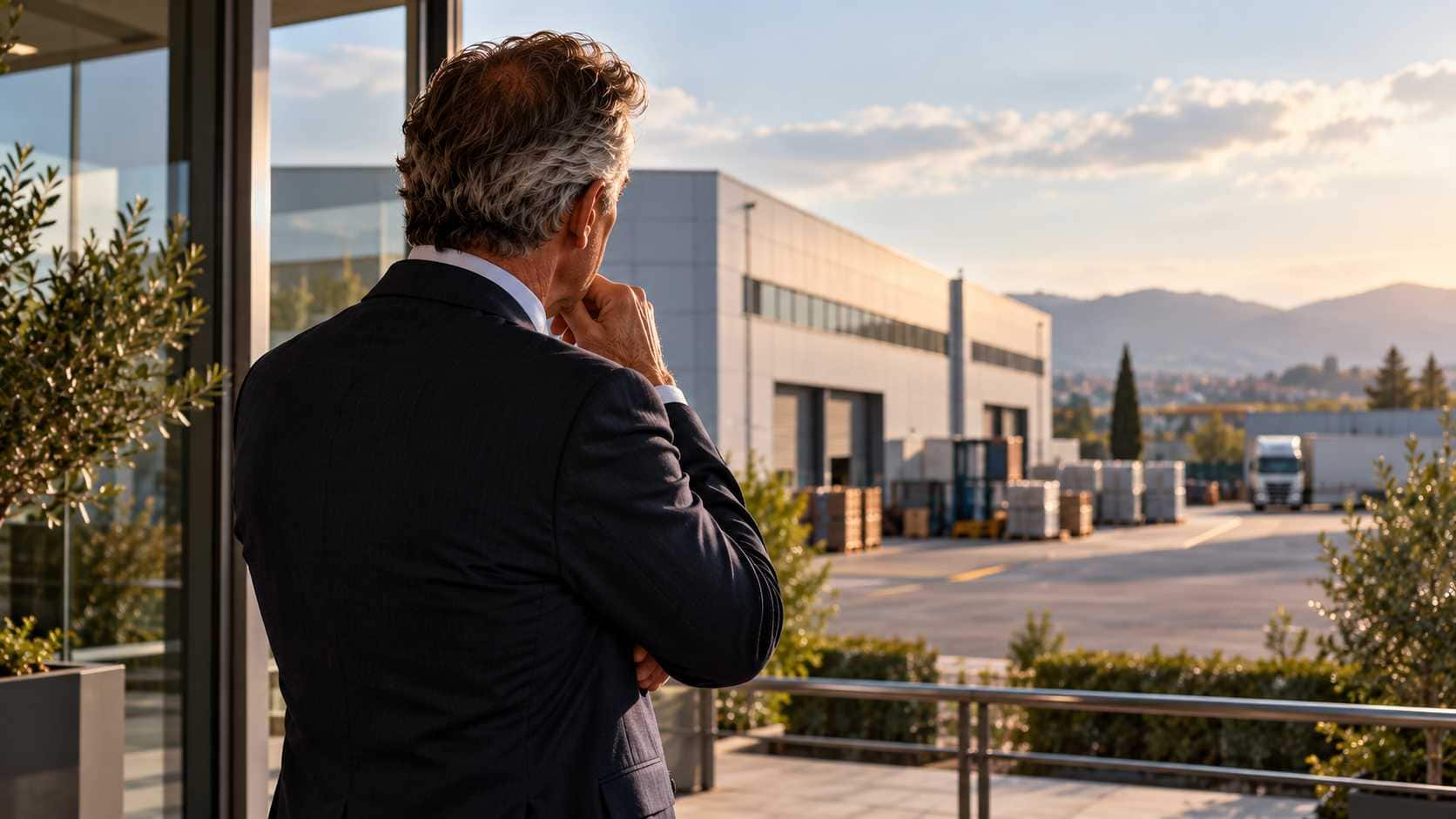 Pensione imprenditore: titolare anziano osserva il capannone della propria azienda dall’esterno.