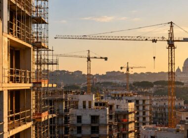Piano Casa: edifici residenziali in costruzione e gru sullo sfondo del profilo urbano di Roma al tramonto