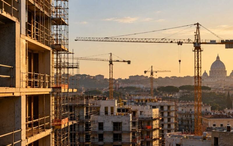 Piano Casa: edifici residenziali in costruzione e gru sullo sfondo del profilo urbano di Roma al tramonto
