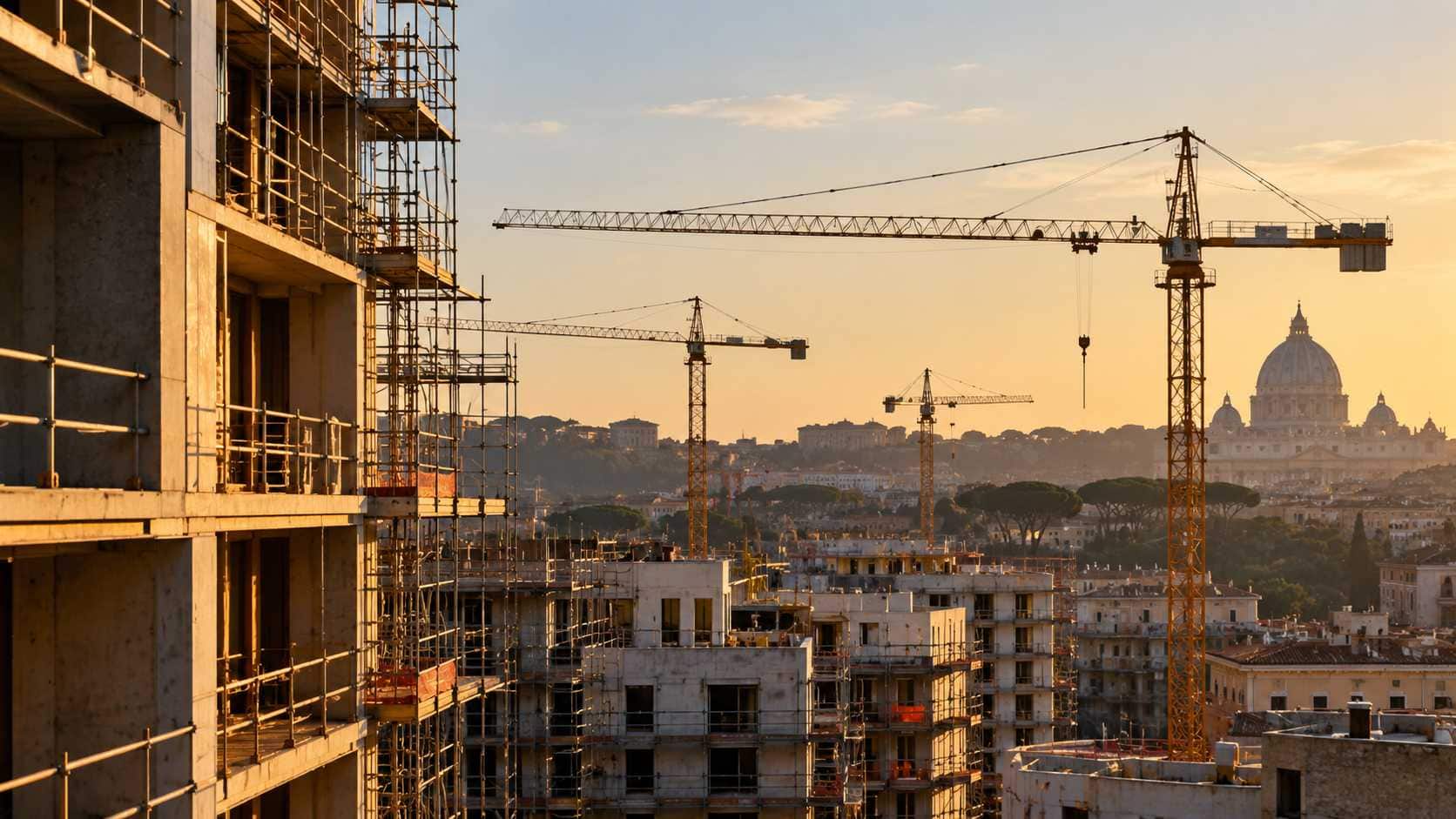 Piano Casa: edifici residenziali in costruzione e gru sullo sfondo del profilo urbano di Roma al tramonto