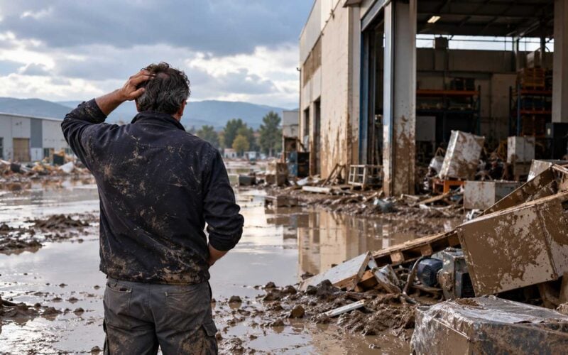 Polizze catastrofali rischi esclusi. Un uomo osserva macchinari danneggiati e fango all’interno di uno stabilimento industriale dopo un’alluvione.