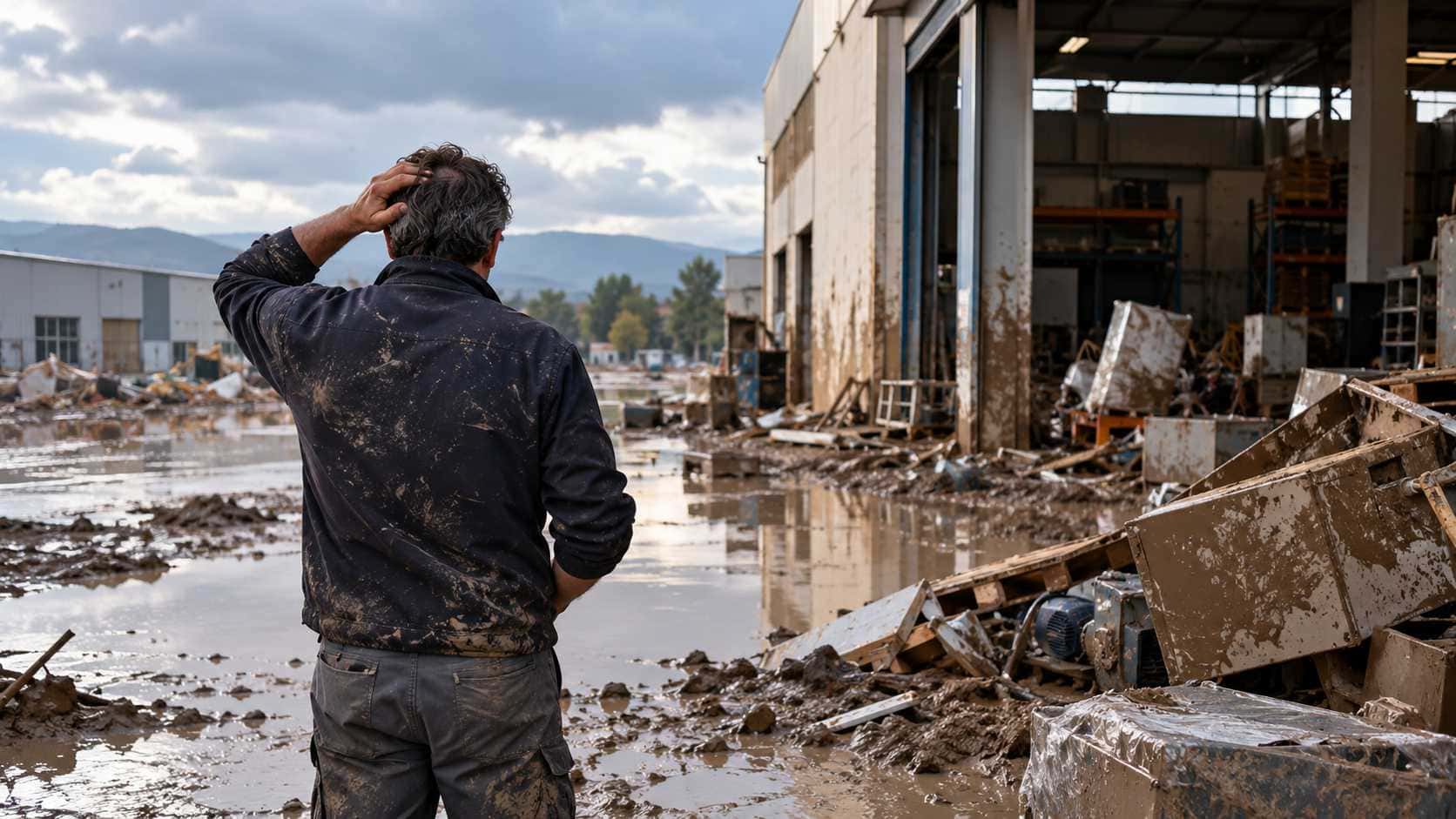 Polizze catastrofali rischi esclusi. Un uomo osserva macchinari danneggiati e fango all’interno di uno stabilimento industriale dopo un’alluvione.