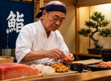 Maestro di sushi giapponese prepara un nigiri al salmone al bancone, tra pesce fresco e ingredienti tradizionali.