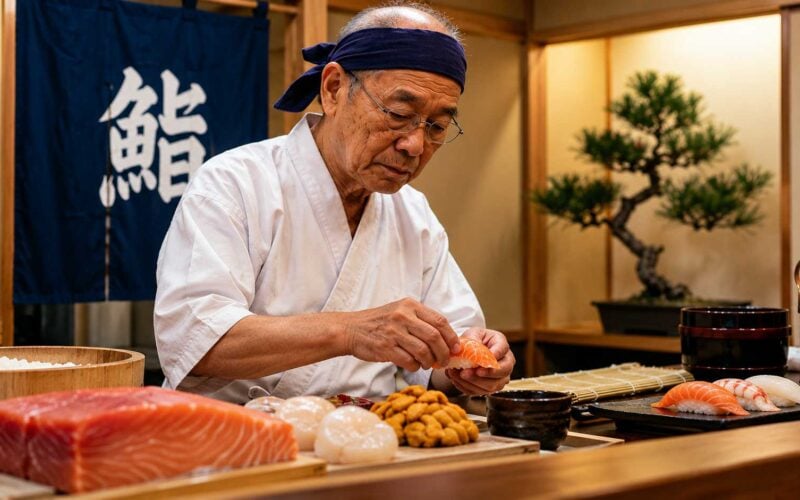 Il marketing che ha cambiato il sushi: il salmone è un’invenzione norvegese degli anni Ottanta. Maestro di sushi giapponese prepara un nigiri al salmone al bancone, tra pesce fresco e ingredienti tradizionali.
