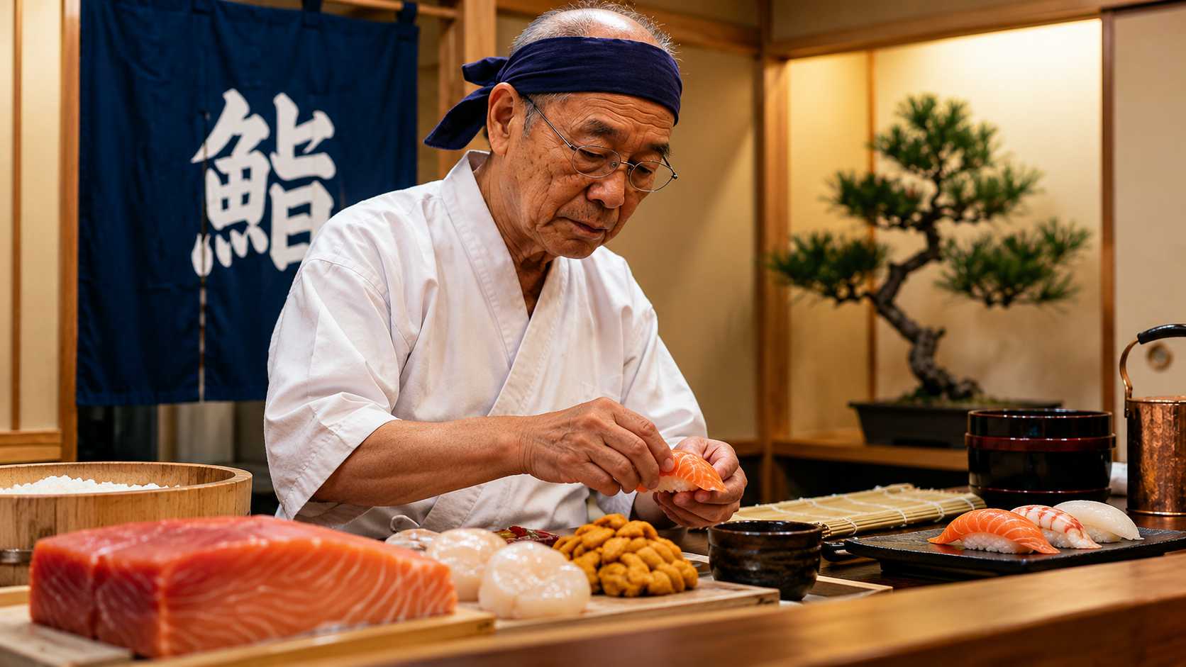 Maestro di sushi giapponese prepara un nigiri al salmone al bancone, tra pesce fresco e ingredienti tradizionali.