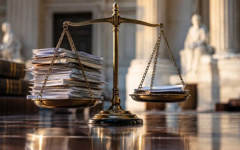 Bilancia con una pila di ricorsi bancari su un piatto e pochi documenti sull’altro, simbolo del contenzioso ABF (Arbitro Bancario Finanziario)