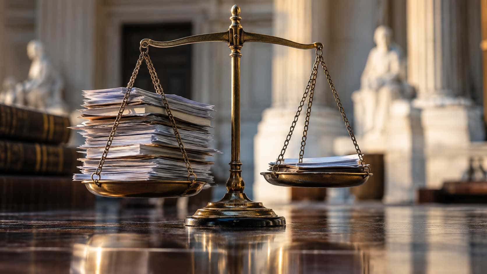 Bilancia con una pila di ricorsi bancari su un piatto e pochi documenti sull’altro, simbolo del contenzioso ABF (Arbitro Bancario Finanziario)