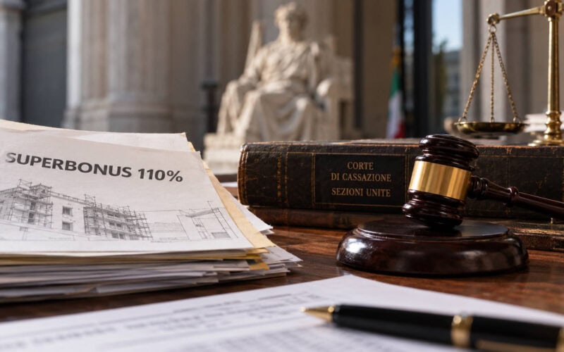 Superbonus e truffa aggravata: cosa chiarisce la Cassazione. Documenti Superbonus 110%, progetti edilizi e martelletto da giudice accanto a un volume sulla Cassazione