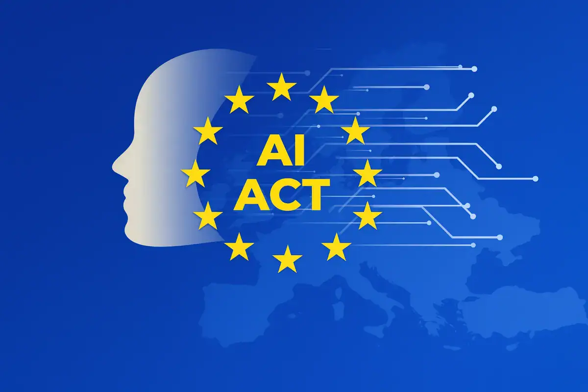 AI e PMI – rappresentazione visiva dell’AI Act europeo con profilo umano, stelle dell’Unione Europea e circuiti digitali su mappa dell’Europa.