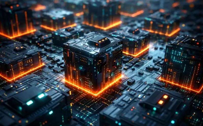 Cyber risk PMI visualizzato come infrastruttura digitale futuristica con nodi tecnologici interconnessi e flussi di dati luminosi su circuiti elettronici